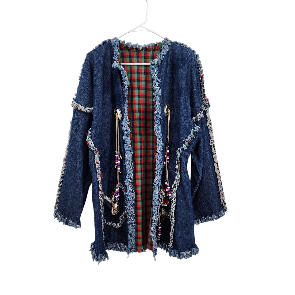 Women's Patchwork Cowgirl Western Bead Tassels Coat Denim Jacket Dark Wash
